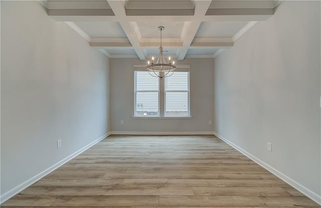 unfurnished dining area featuring a chandelier, baseboards, wood finished floors, beam ceiling, and coffered ceiling