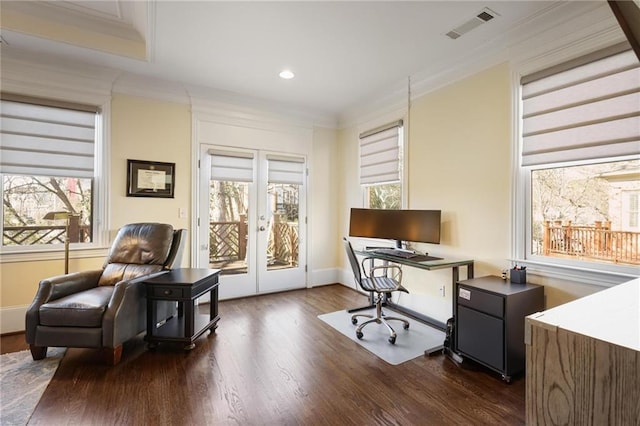 office area with crown molding, plenty of natural light, and french doors