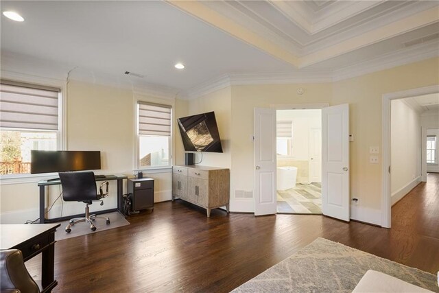 office featuring ornamental molding and dark hardwood / wood-style flooring