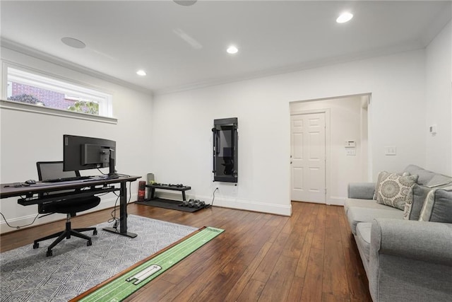 office space with dark hardwood / wood-style flooring and crown molding