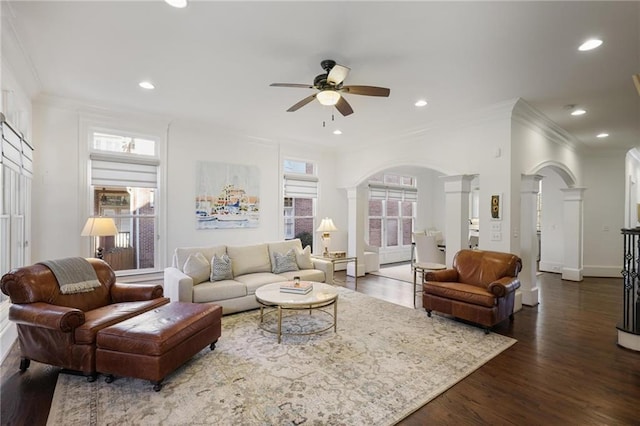 living room featuring ornamental molding, a wealth of natural light, dark hardwood / wood-style flooring, and ornate columns