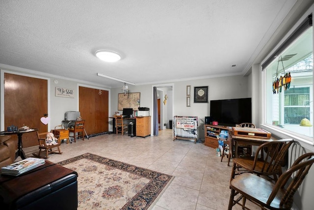 tiled living room featuring ornamental molding