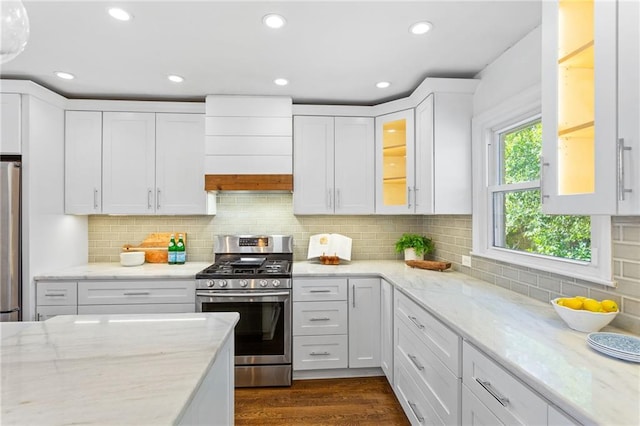 kitchen featuring premium range hood, dark wood-style flooring, stainless steel appliances, white cabinets, and glass insert cabinets