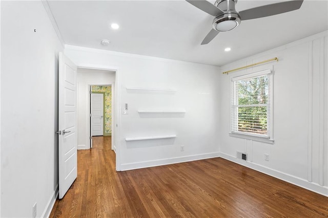 empty room with visible vents, baseboards, recessed lighting, a ceiling fan, and dark wood-style flooring