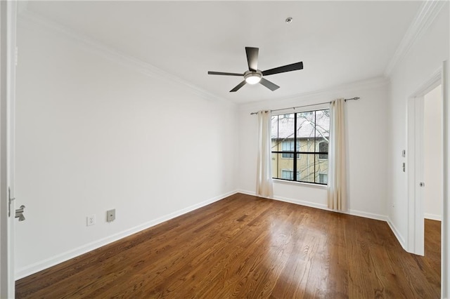 unfurnished room with crown molding, ceiling fan, and dark hardwood / wood-style flooring