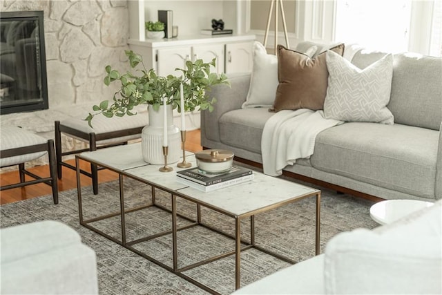 living room with hardwood / wood-style flooring and a fireplace