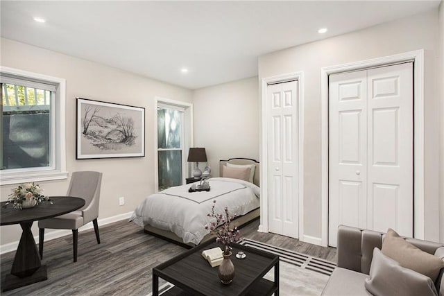 bedroom with wood-type flooring and two closets