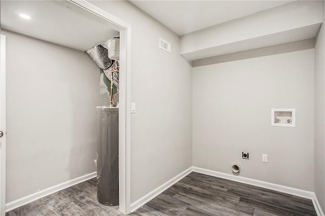 laundry area with hookup for an electric dryer, hookup for a washing machine, and dark hardwood / wood-style flooring