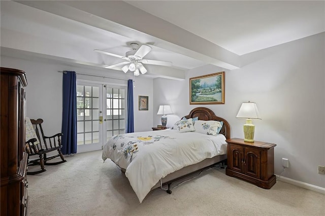 carpeted bedroom featuring beamed ceiling, french doors, and ceiling fan