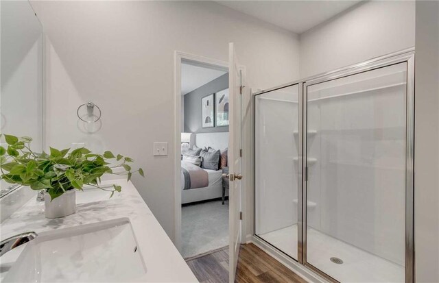 bathroom with walk in shower, wood-type flooring, and vanity