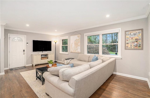 living room with ornamental molding, dark wood-style flooring, recessed lighting, and baseboards