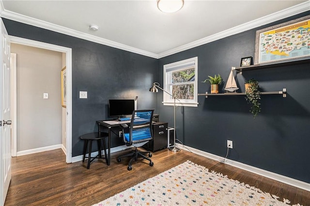 home office featuring ornamental molding, wood finished floors, and baseboards