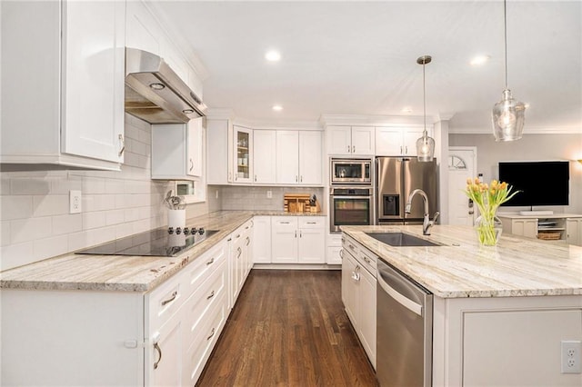 kitchen with white cabinetry, range hood, appliances with stainless steel finishes, and a sink