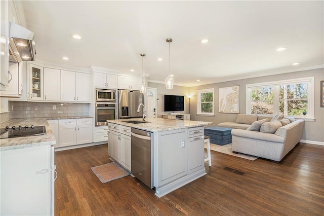 kitchen with white cabinets, dark wood-style floors, open floor plan, stainless steel appliances, and backsplash