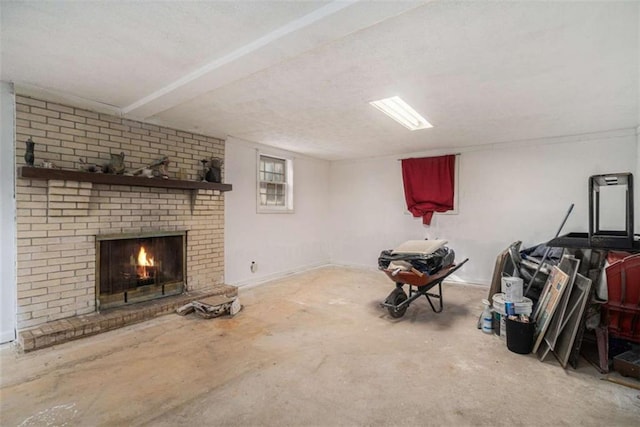 basement with a fireplace