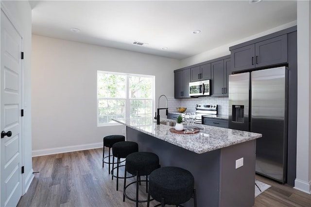 kitchen featuring a breakfast bar, an island with sink, a sink, dark wood finished floors, and stainless steel appliances