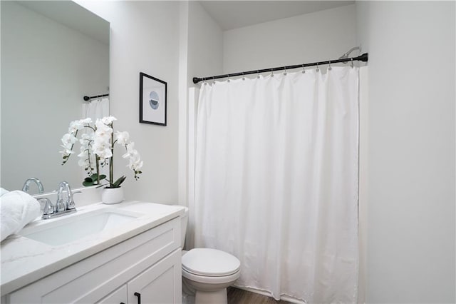 bathroom with vanity, wood finished floors, and toilet