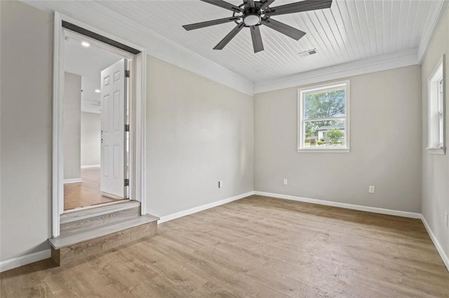 unfurnished room featuring ceiling fan, ornamental molding, wood ceiling, and light wood-type flooring