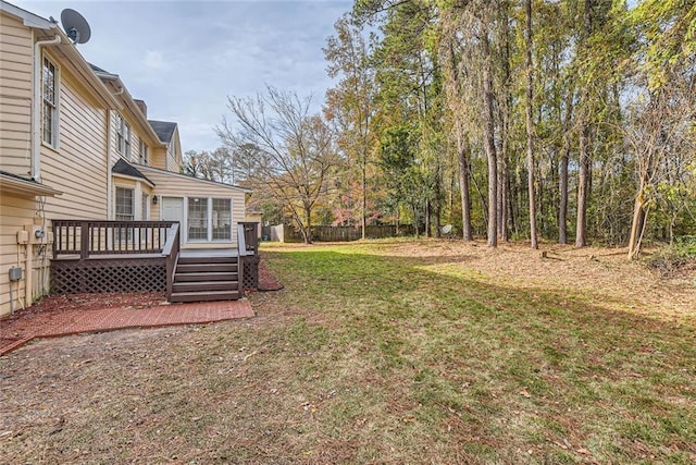 view of yard featuring a deck and fence