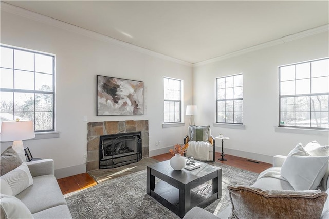 living room featuring a fireplace, ornamental molding, and hardwood / wood-style flooring