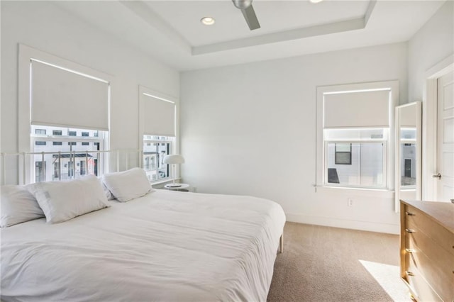 2034 Rockledge Rd NE, Atlanta, GA 30324 - bedroom with a tray ceiling, light colored carpet, baseboards, a ceiling fan, and recessed lighting