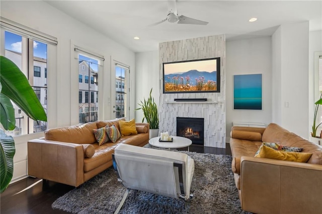 2034 Rockledge Rd NE, Atlanta, GA 30324 - living room with wood finished floors, a fireplace, a ceiling fan, and recessed lighting
