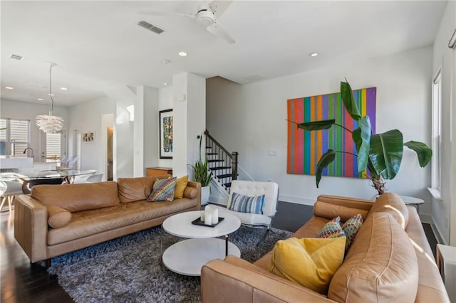 2034 Rockledge Rd NE, Atlanta, GA 30324 - living area with stairs, ceiling fan, recessed lighting, baseboards, and wood finished floors