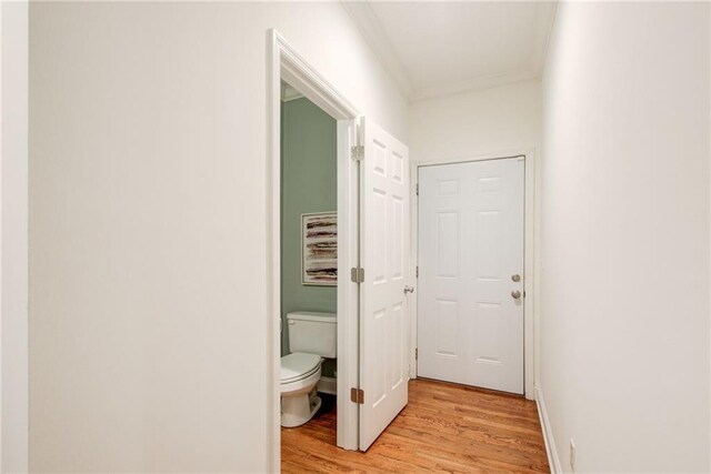 hall featuring light hardwood / wood-style flooring and ornamental molding