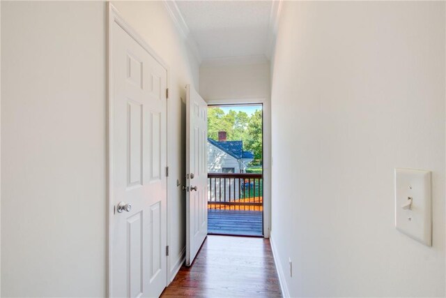 hallway with dark hardwood / wood-style flooring and crown molding