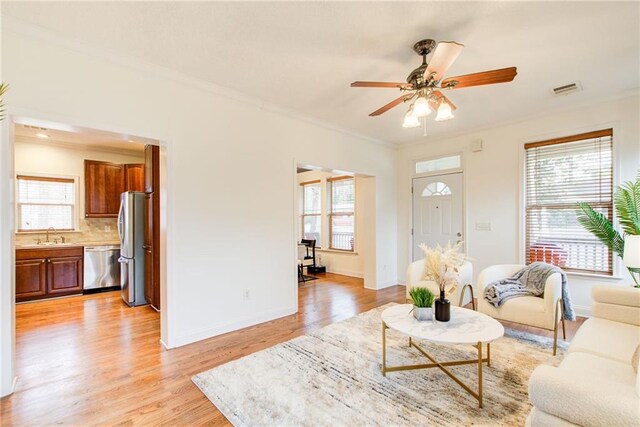 living room featuring ceiling fan, light wood-type flooring, ornamental molding, and sink