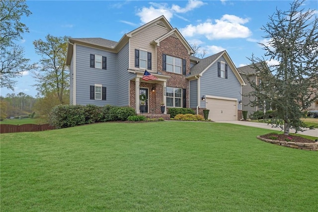 view of front of property featuring a front yard, a garage, fence, concrete driveway, and brick siding