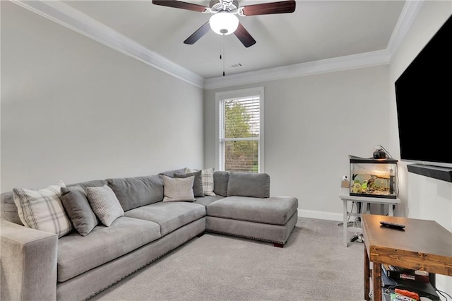 living area featuring carpet flooring, visible vents, crown molding, and ceiling fan