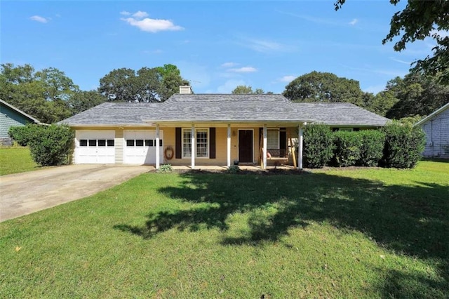 single story home with covered porch, concrete driveway, a front lawn, and an attached garage