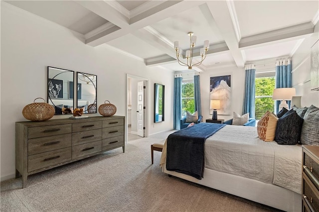 bedroom featuring crown molding, an inviting chandelier, beam ceiling, coffered ceiling, and light colored carpet