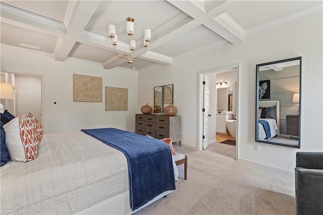 carpeted bedroom featuring ensuite bathroom, coffered ceiling, beamed ceiling, ornamental molding, and a chandelier