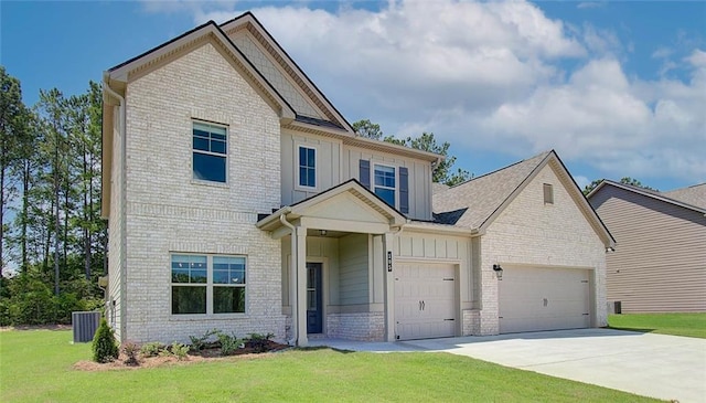 craftsman-style house with central AC, a garage, and a front yard