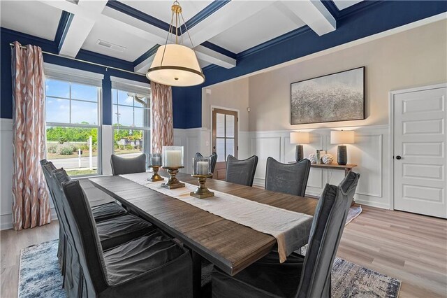 dining space featuring coffered ceiling, beam ceiling, and light wood-type flooring