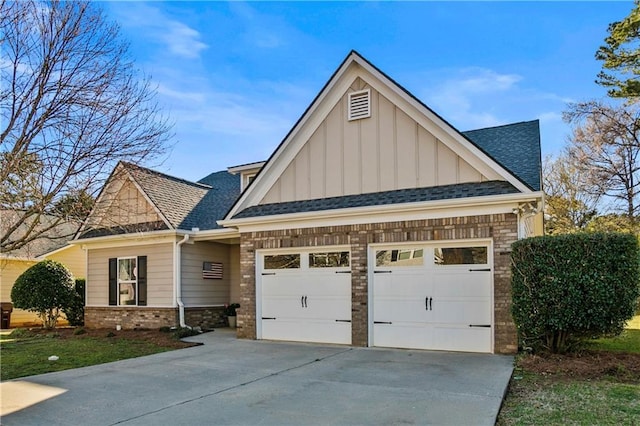 view of front of property featuring a garage, brick siding, board and batten siding, roof with shingles, and driveway