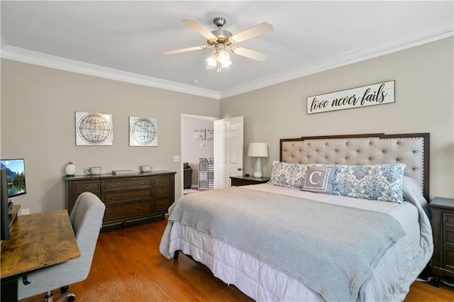 bedroom with ornamental molding, ceiling fan, and wood finished floors