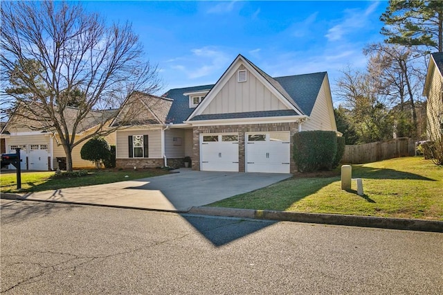 craftsman house featuring concrete driveway, stone siding, board and batten siding, a front lawn, and a garage
