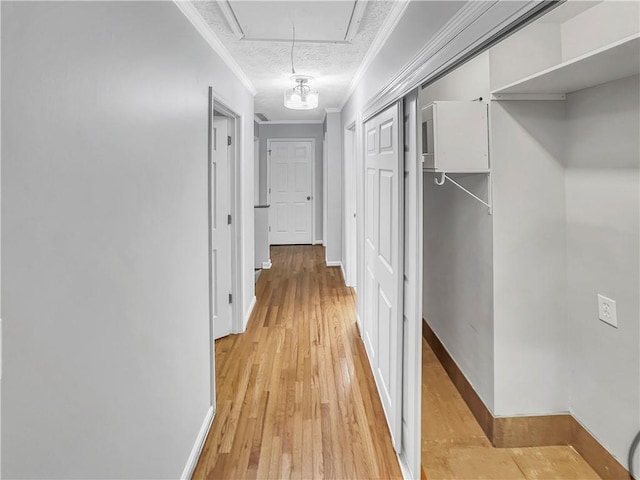 hallway featuring a textured ceiling, light wood-type flooring, and crown molding