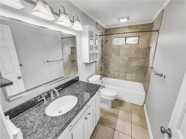 full bathroom with vanity, tiled shower / bath combo, crown molding, tile patterned flooring, and toilet