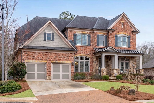 view of front of property featuring a standing seam roof, concrete driveway, stone siding, and metal roof