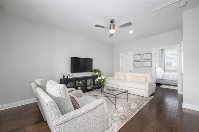 410 Concord St, Alpharetta, GA 30009 - living area with a ceiling fan, baseboards, wood-type flooring, recessed lighting, and attic access