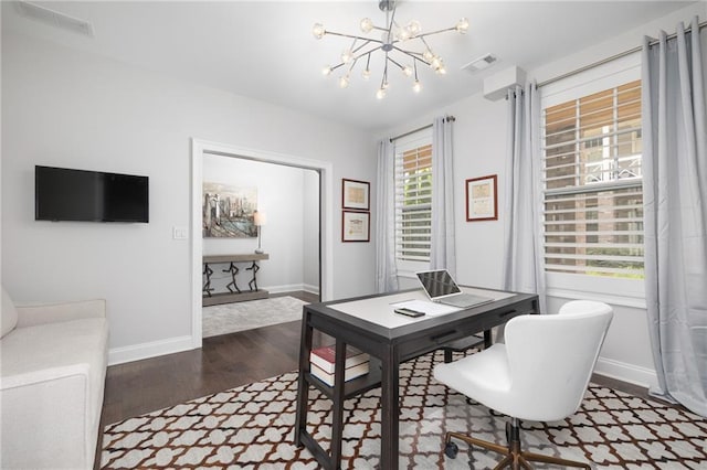 410 Concord St, Alpharetta, GA 30009 - office area featuring a chandelier, wood finished floors, and baseboards