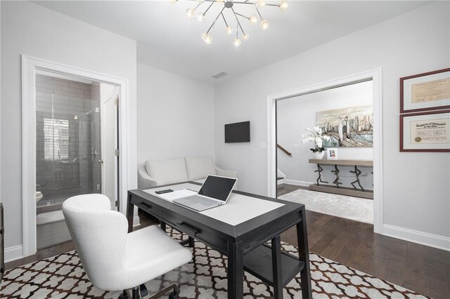 410 Concord St, Alpharetta, GA 30009 - home office featuring wood finished floors, a chandelier, and baseboards