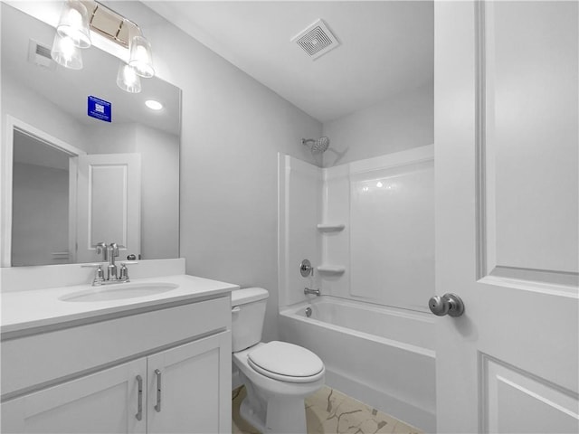 bathroom featuring visible vents, toilet, vanity, and  shower combination