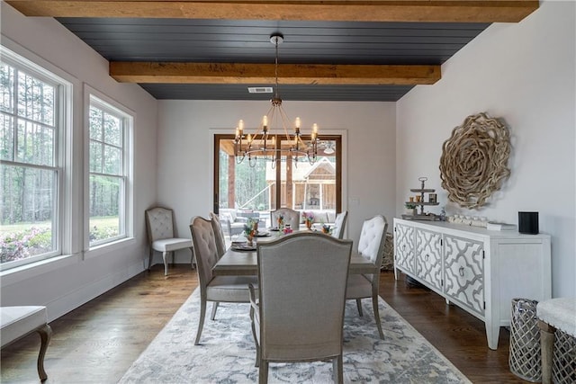 dining space with plenty of natural light, a chandelier, and beam ceiling