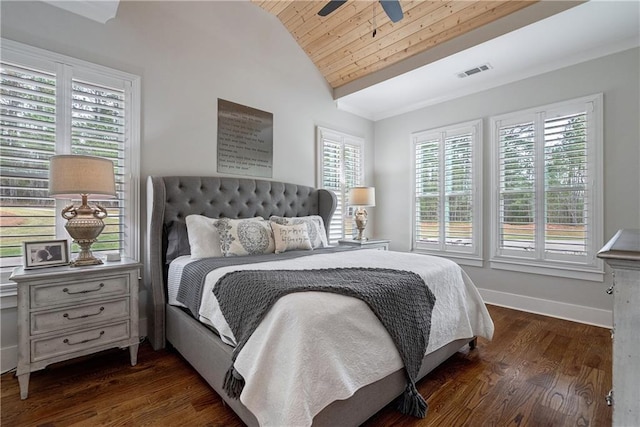 bedroom with multiple windows, dark hardwood / wood-style flooring, ceiling fan, and wood ceiling