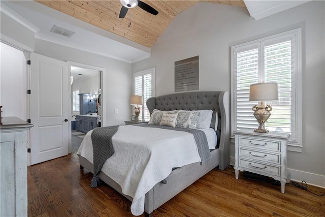 bedroom featuring ensuite bathroom, ceiling fan, multiple windows, wooden ceiling, and dark hardwood / wood-style floors